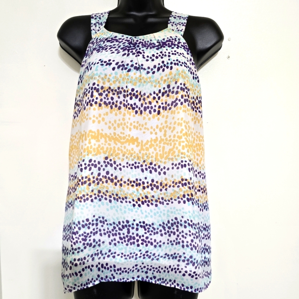 ANN TAYLOR size 8 Petite Sleeveless Polka Dot Blouse Lined Pleated Multicolor